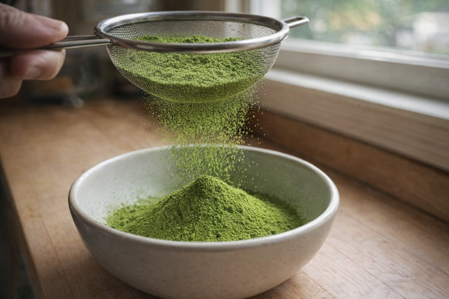 Close up shot of vibrant green matcha powder being sifted through a fine mesh sieve into a ceramic bowl, natural light coming through a window